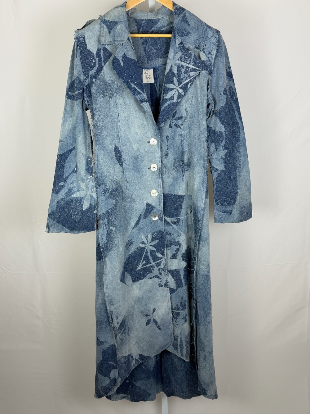 Dirty Blonde Denim Duster Coat M Blue Floral Art Print Y2K Made USA